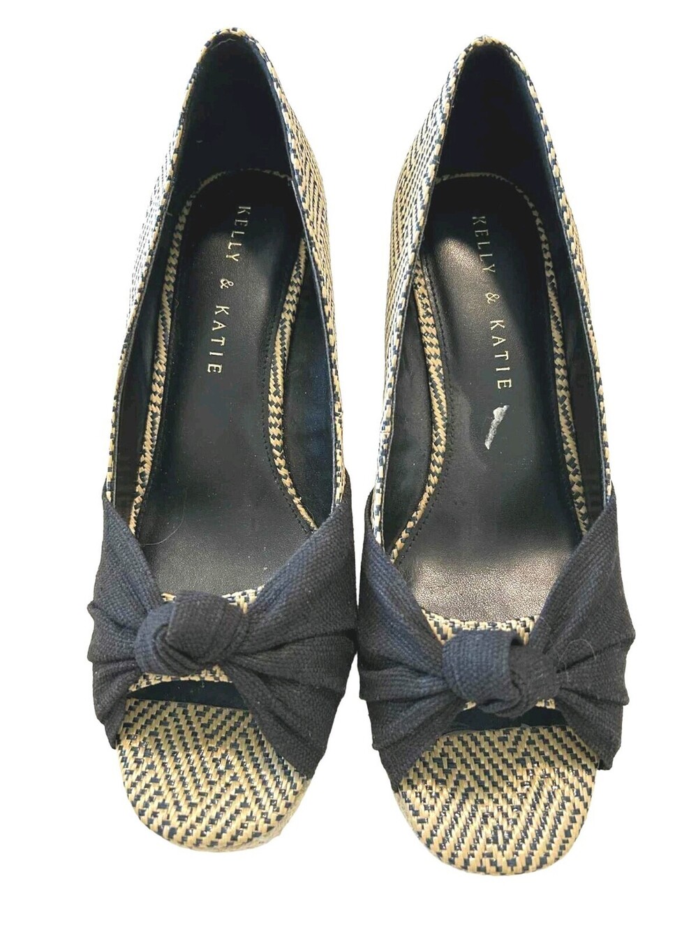 Kelly & Katie Ivala Espadrille Wedge Shoes Blue/Tan Peep-toe Knot Detail Size 8